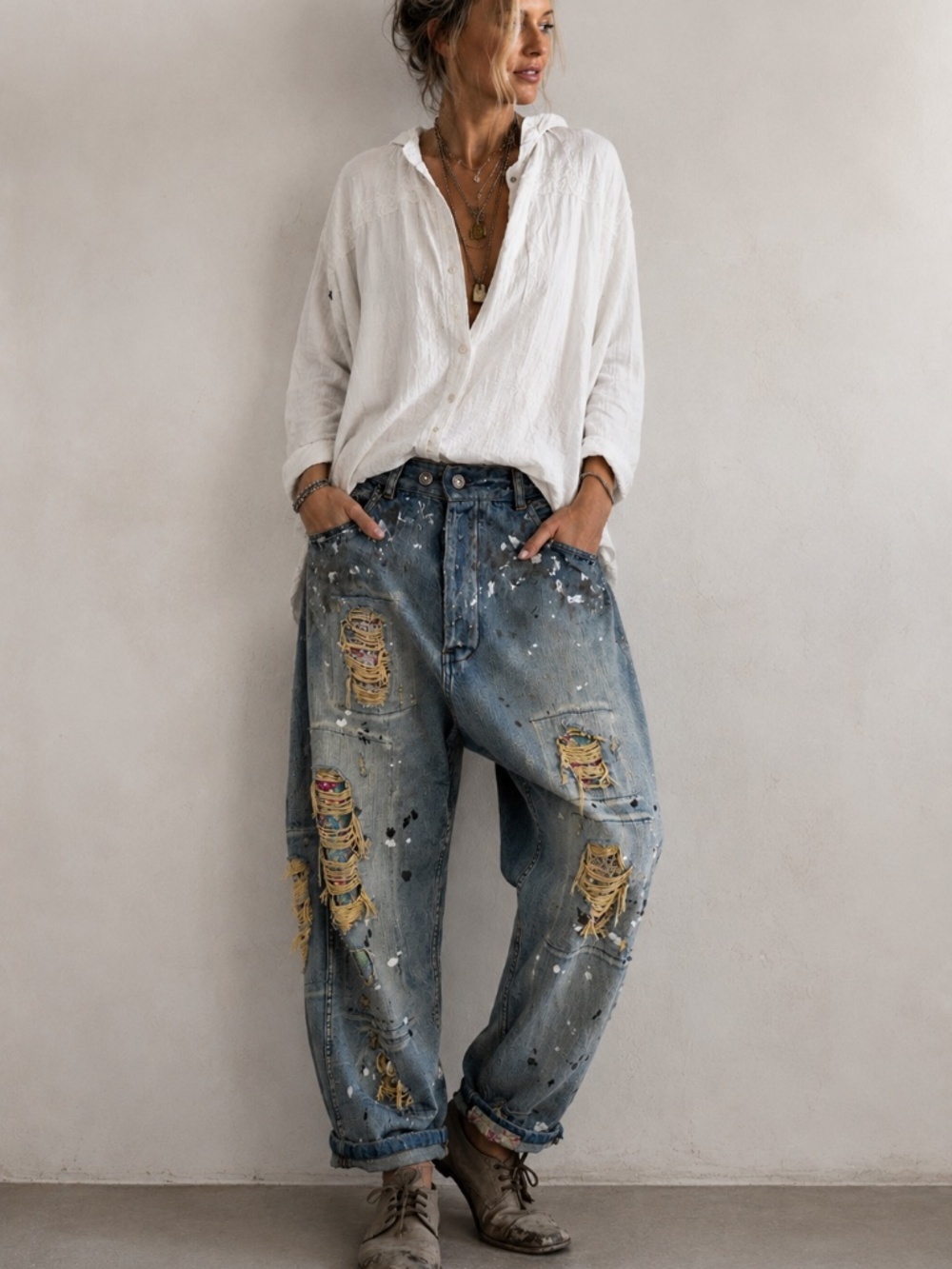 EUC Magnolia Pearl The Joni Denims Paint Splatter Distressed Jeans (O/S)